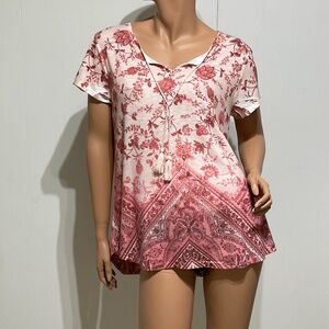 Style & Co. Women Size PL Petite Paisley Printed Tassel Top Boho Blouse Pink